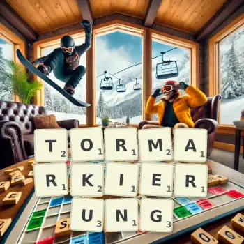 Kreative Illustration für ein Scrabble-Spiel, bei dem das Wort TORMARKIERUNG mit Steinen auf dem Brett gelegt wurde.