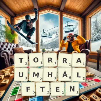 Kreative Illustration für ein Scrabble-Spiel, bei dem das Wort TORRAUMHÄLFTEN mit Steinen auf dem Brett gelegt wurde.
