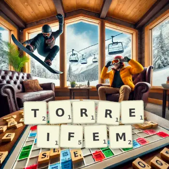 Kreative Illustration für ein Scrabble-Spiel, bei dem das Wort TORREIFEM mit Steinen auf dem Brett gelegt wurde.