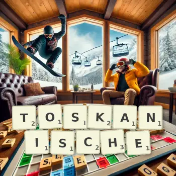 Kreative Illustration für ein Scrabble-Spiel, bei dem das Wort TOSKANISCHE mit Steinen auf dem Brett gelegt wurde.