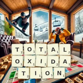 Kreative Illustration für ein Scrabble-Spiel, bei dem das Wort TOTALOXIDATION mit Steinen auf dem Brett gelegt wurde.