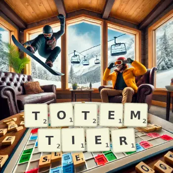 Kreative Illustration für ein Scrabble-Spiel, bei dem das Wort TOTEMTIER mit Steinen auf dem Brett gelegt wurde.