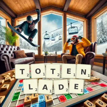 Kreative Illustration für ein Scrabble-Spiel, bei dem das Wort TOTENLADE mit Steinen auf dem Brett gelegt wurde.