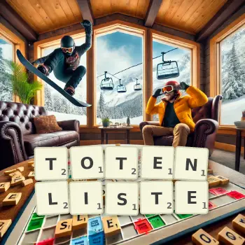 Kreative Illustration für ein Scrabble-Spiel, bei dem das Wort TOTENLISTE mit Steinen auf dem Brett gelegt wurde.
