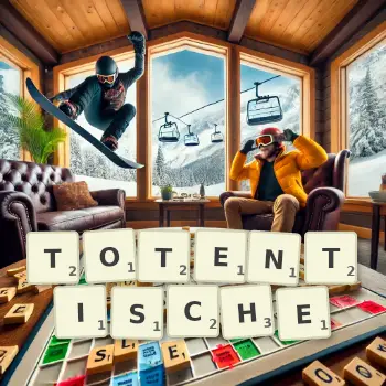 Kreative Illustration für ein Scrabble-Spiel, bei dem das Wort TOTENTISCHE mit Steinen auf dem Brett gelegt wurde.