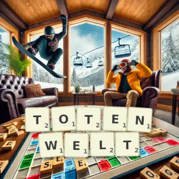 Kreative Illustration für ein Scrabble-Spiel, bei dem das Wort TOTENWELT mit Steinen auf dem Brett gelegt wurde.
