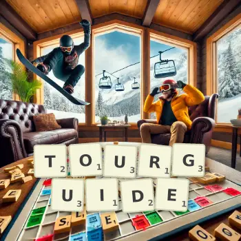 Kreative Illustration für ein Scrabble-Spiel, bei dem das Wort TOURGUIDE mit Steinen auf dem Brett gelegt wurde.