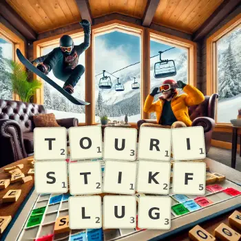 Kreative Illustration für ein Scrabble-Spiel, bei dem das Wort TOURISTIKFLUG mit Steinen auf dem Brett gelegt wurde.