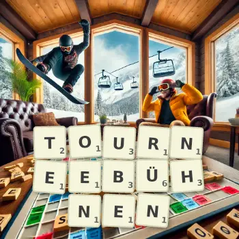 Kreative Illustration für ein Scrabble-Spiel, bei dem das Wort TOURNEEBÜHNEN mit Steinen auf dem Brett gelegt wurde.