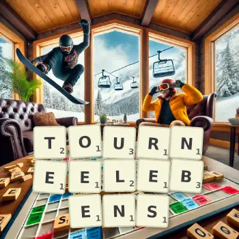 Kreative Illustration für ein Scrabble-Spiel, bei dem das Wort TOURNEELEBENS mit Steinen auf dem Brett gelegt wurde.