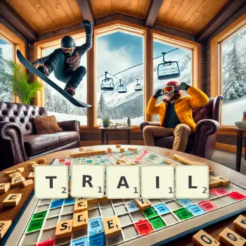 Kreative Illustration für ein Scrabble-Spiel, bei dem das Wort TRAIL mit Steinen auf dem Brett gelegt wurde.