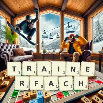 Kreative Illustration für ein Scrabble-Spiel, bei dem das Wort TRAINERFACH mit Steinen auf dem Brett gelegt wurde.