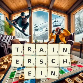 Kreative Illustration für ein Scrabble-Spiel, bei dem das Wort TRAINERSCHEIN mit Steinen auf dem Brett gelegt wurde.