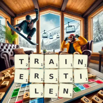 Kreative Illustration für ein Scrabble-Spiel, bei dem das Wort TRAINERSTILEN mit Steinen auf dem Brett gelegt wurde.