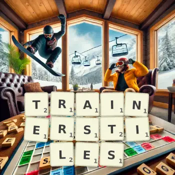 Kreative Illustration für ein Scrabble-Spiel, bei dem das Wort TRAINERSTILES mit Steinen auf dem Brett gelegt wurde.