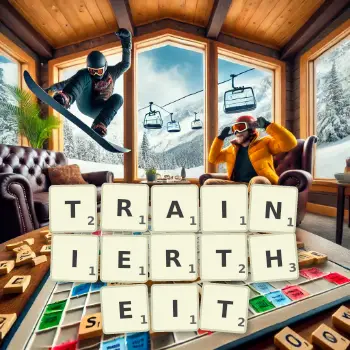 Kreative Illustration für ein Scrabble-Spiel, bei dem das Wort TRAINIERTHEIT mit Steinen auf dem Brett gelegt wurde.