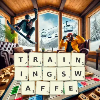 Kreative Illustration für ein Scrabble-Spiel, bei dem das Wort TRAININGSWAFFE mit Steinen auf dem Brett gelegt wurde.