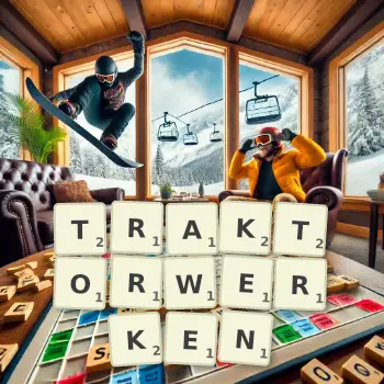 Kreative Illustration für ein Scrabble-Spiel, bei dem das Wort TRAKTORWERKEN mit Steinen auf dem Brett gelegt wurde.
