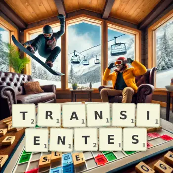 Kreative Illustration für ein Scrabble-Spiel, bei dem das Wort TRANSIENTES mit Steinen auf dem Brett gelegt wurde.