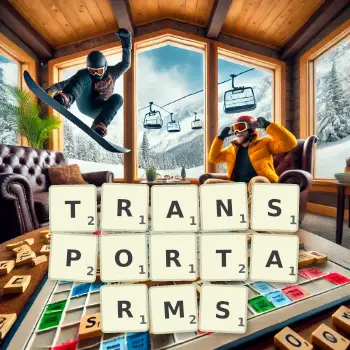 Kreative Illustration für ein Scrabble-Spiel, bei dem das Wort TRANSPORTARMS mit Steinen auf dem Brett gelegt wurde.