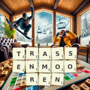 Kreative Illustration für ein Scrabble-Spiel, bei dem das Wort TRASSENMOOREN mit Steinen auf dem Brett gelegt wurde.