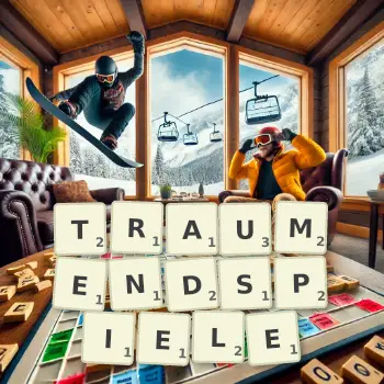 Kreative Illustration für ein Scrabble-Spiel, bei dem das Wort TRAUMENDSPIELE mit Steinen auf dem Brett gelegt wurde.
