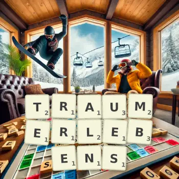 Kreative Illustration für ein Scrabble-Spiel, bei dem das Wort TRAUMERLEBENS mit Steinen auf dem Brett gelegt wurde.