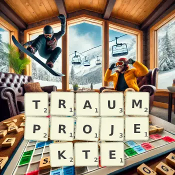 Kreative Illustration für ein Scrabble-Spiel, bei dem das Wort TRAUMPROJEKTE mit Steinen auf dem Brett gelegt wurde.