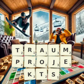 Kreative Illustration für ein Scrabble-Spiel, bei dem das Wort TRAUMPROJEKTS mit Steinen auf dem Brett gelegt wurde.