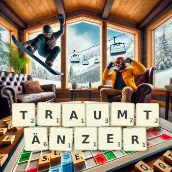 Kreative Illustration für ein Scrabble-Spiel, bei dem das Wort TRAUMTÄNZER mit Steinen auf dem Brett gelegt wurde.