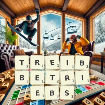 Kreative Illustration für ein Scrabble-Spiel, bei dem das Wort TREIBBETRIEBS mit Steinen auf dem Brett gelegt wurde.