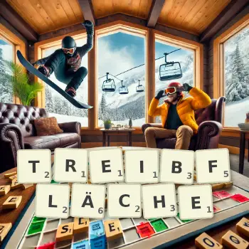 Kreative Illustration für ein Scrabble-Spiel, bei dem das Wort TREIBFLÄCHE mit Steinen auf dem Brett gelegt wurde.