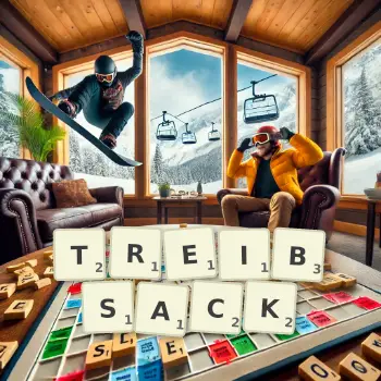 Kreative Illustration für ein Scrabble-Spiel, bei dem das Wort TREIBSACK mit Steinen auf dem Brett gelegt wurde.