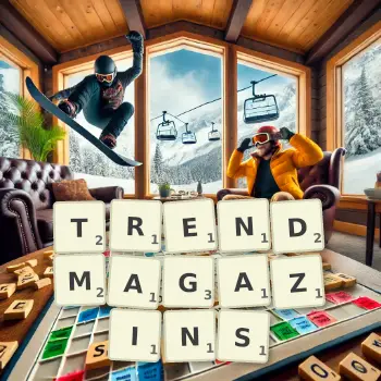 Kreative Illustration für ein Scrabble-Spiel, bei dem das Wort TRENDMAGAZINS mit Steinen auf dem Brett gelegt wurde.