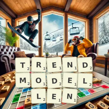 Kreative Illustration für ein Scrabble-Spiel, bei dem das Wort TRENDMODELLEN mit Steinen auf dem Brett gelegt wurde.