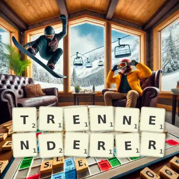 Kreative Illustration für ein Scrabble-Spiel, bei dem das Wort TRENNENDERER mit Steinen auf dem Brett gelegt wurde.