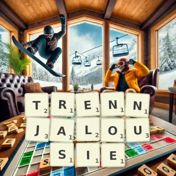 Kreative Illustration für ein Scrabble-Spiel, bei dem das Wort TRENNJALOUSIE mit Steinen auf dem Brett gelegt wurde.