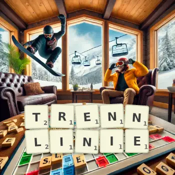 Kreative Illustration für ein Scrabble-Spiel, bei dem das Wort TRENNLINIE mit Steinen auf dem Brett gelegt wurde.