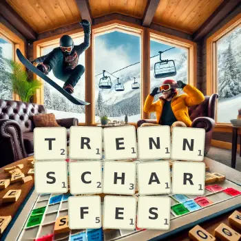Kreative Illustration für ein Scrabble-Spiel, bei dem das Wort TRENNSCHARFES mit Steinen auf dem Brett gelegt wurde.
