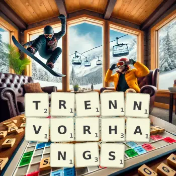 Kreative Illustration für ein Scrabble-Spiel, bei dem das Wort TRENNVORHANGS mit Steinen auf dem Brett gelegt wurde.