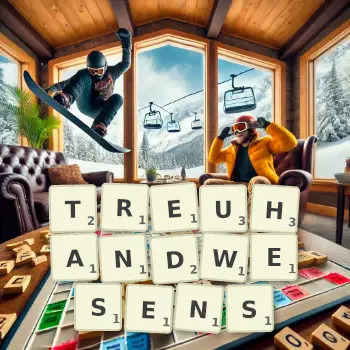 Kreative Illustration für ein Scrabble-Spiel, bei dem das Wort TREUHANDWESENS mit Steinen auf dem Brett gelegt wurde.