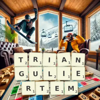 Kreative Illustration für ein Scrabble-Spiel, bei dem das Wort TRIANGULIERTEM mit Steinen auf dem Brett gelegt wurde.