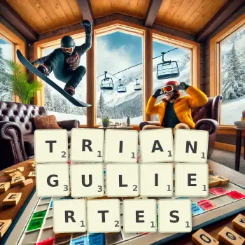 Kreative Illustration für ein Scrabble-Spiel, bei dem das Wort TRIANGULIERTES mit Steinen auf dem Brett gelegt wurde.