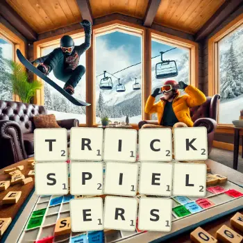 Kreative Illustration für ein Scrabble-Spiel, bei dem das Wort TRICKSPIELERS mit Steinen auf dem Brett gelegt wurde.