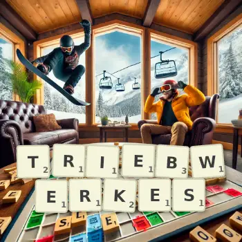 Kreative Illustration für ein Scrabble-Spiel, bei dem das Wort TRIEBWERKES mit Steinen auf dem Brett gelegt wurde.