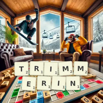 Kreative Illustration für ein Scrabble-Spiel, bei dem das Wort TRIMMERIN mit Steinen auf dem Brett gelegt wurde.