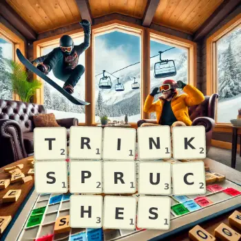 Kreative Illustration für ein Scrabble-Spiel, bei dem das Wort TRINKSPRUCHES mit Steinen auf dem Brett gelegt wurde.