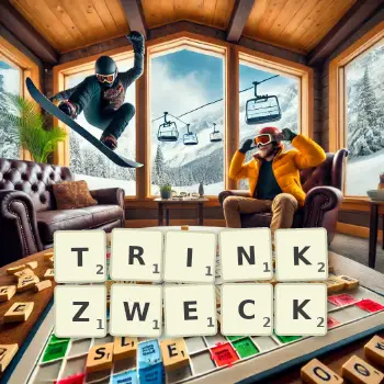 Kreative Illustration für ein Scrabble-Spiel, bei dem das Wort TRINKZWECK mit Steinen auf dem Brett gelegt wurde.
