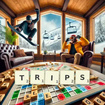 Kreative Illustration für ein Scrabble-Spiel, bei dem das Wort TRIPS mit Steinen auf dem Brett gelegt wurde.