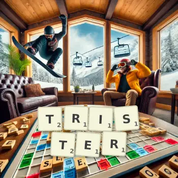 Kreative Illustration für ein Scrabble-Spiel, bei dem das Wort TRISTER mit Steinen auf dem Brett gelegt wurde.
